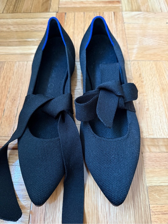 Rothy's Shoes - Rothy's Black Pointed Knit Flats with Bow Accent and Blue Trim